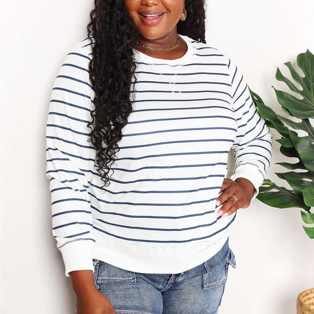 NEW Double Take Preppy Striped Oversized Crewneck Sweatshirt Top